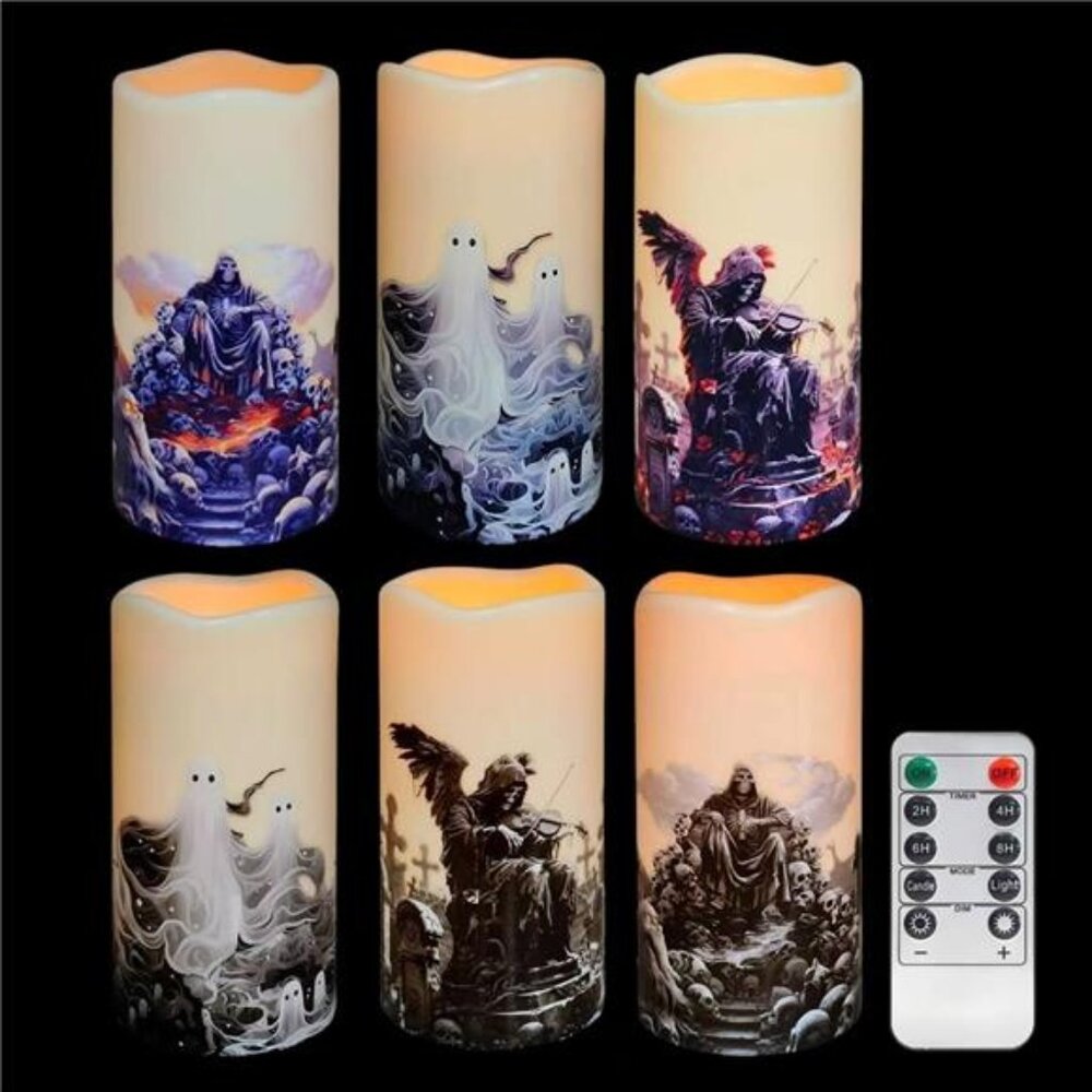 6 Pack Halloween Waterproof Flameless Flickering LED Pillar Candles with